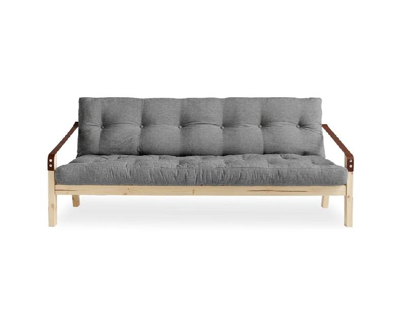 Banquette futon POETRY en pin massif - Coloris gris granit - Couchage 130 x 190 cm - Accoudoirs en cuir_1