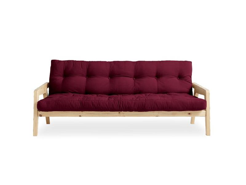 Canapé convertible futon Grab - Pin naturel - Coloris bordeaux - Couchage 130 x 190 cm - Style scandinave et rétro_1