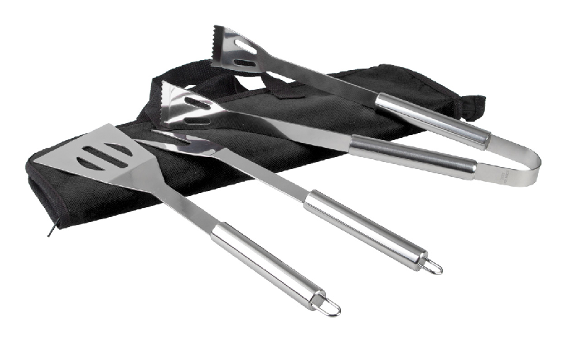Set barbecue 3 pièces inox - Fourchette, spatule et pinces - avec sac en nylon et fermeture éclair_1