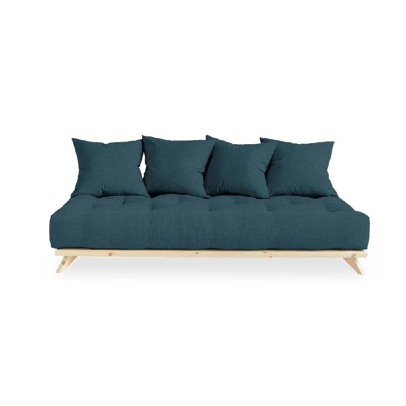 Canapé convertible futon Senza en pin naturel - Coloris bleu profond - Couchage 90 x 200 cm_1