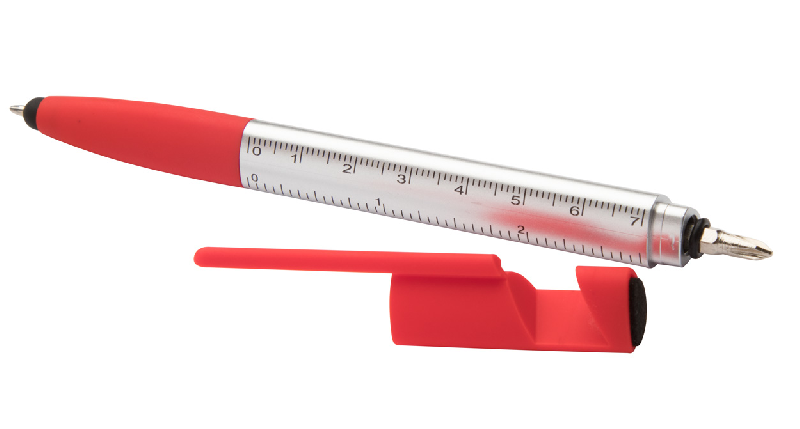 Stylo à bille stylet 5 en 1 - plastique - support téléphone, règle, nettoyant écran, tournevis - encre bleue_1