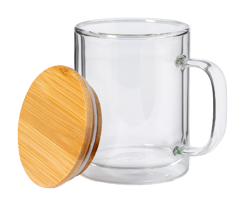 Mug isotherme en verre borosilicaté - double paroi avec anse et couvercle en bambou - 370 ml_1
