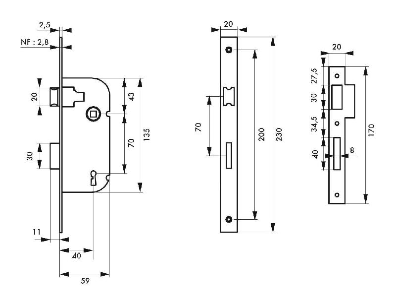 Serrure encastrable pour porte d'intérieur - 2 tours Z/BR - 2 clés - Réversible - THIRARD_1