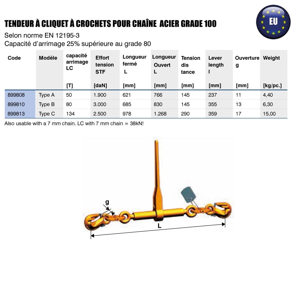 Tendeur d'arrimage - Berra MS - à cliquet à crochets pour chaîne grade 100 - Archta16_1