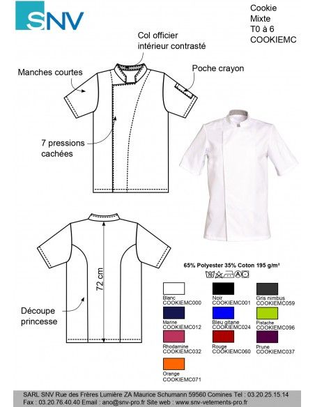 Cookiemc060 - Veste de cuisine SNV - Manches courtes - H 72 cm - Poly/coton 65/35_1