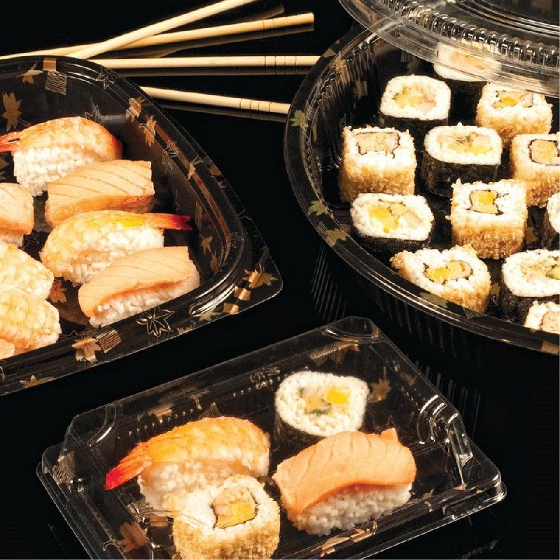Assiette pour sushi noire avec couvercle PS transparent Ø35,6x5cm - par 120_1