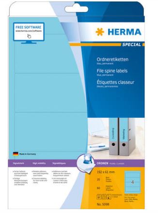 Étiquette classeur A4 - 192 x 61 mm bleues - Référence 5098 - Adhésives, compatibles imprimantes laser et jet d'encre_1