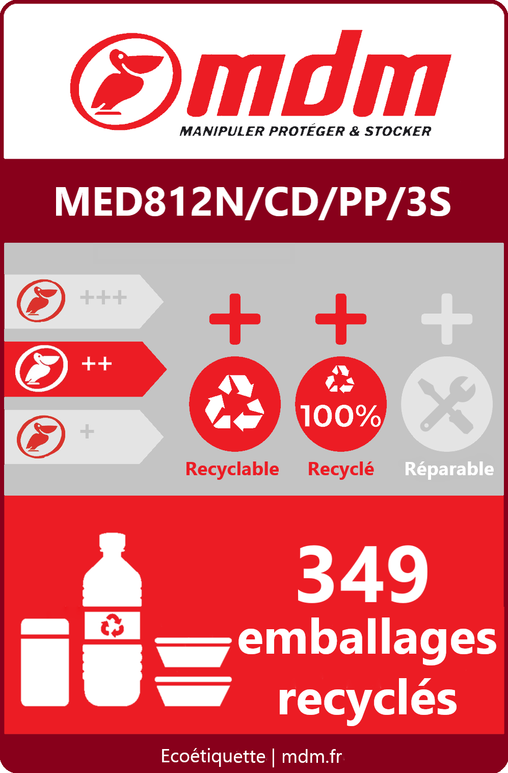Palette plastique 800 x 1200 mm avec 3 semelles - MED812N/CD/PP/3S - PP recyclé, plancher plein, charge jusqu'à 1 500 kg_1