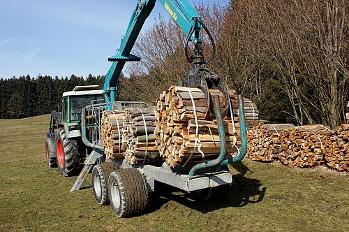 Remorque forestière S-line équipée d'une grue professionnelle et treuils performants