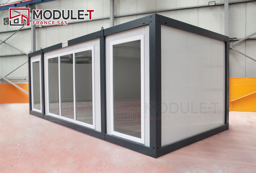 Bureau préfabriqué à baie vitrée - En PVC - 20 pieds - 6,00 x 2,40 x 2,60 m - Porte en acier galvanisé_1