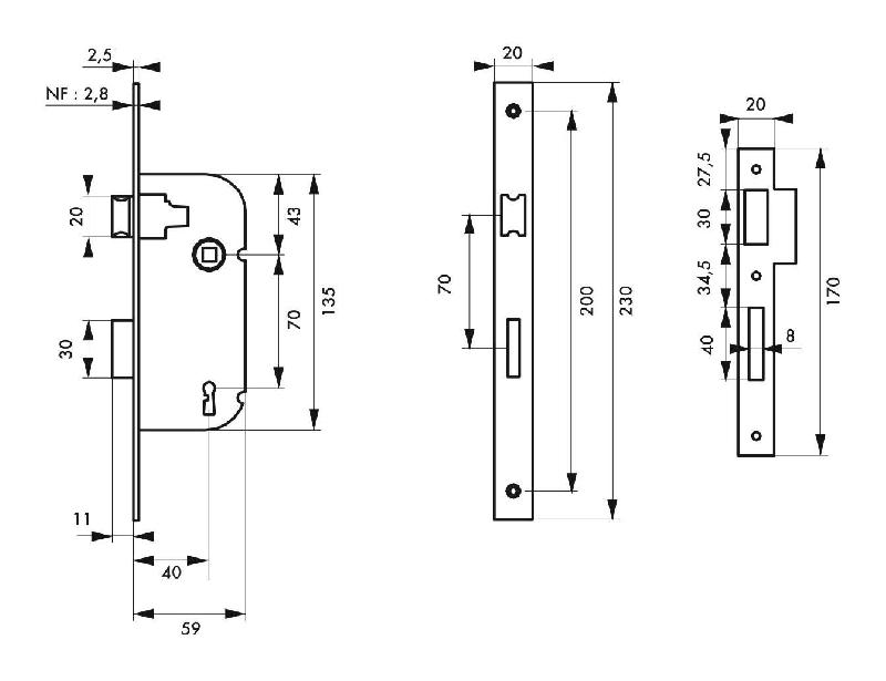 Serrure encastrable pour porte d'intérieur - 1 tour - V/BR - 1 clé - THIRARD - acier embouti_1