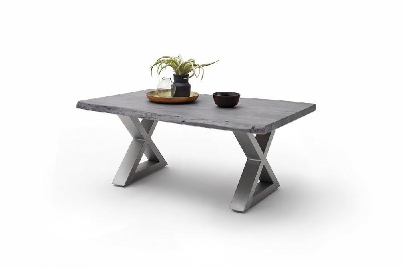 Table basse Claren - Plateau en acacia laqué gris 110 cm - Piétement X en acier brossé_1