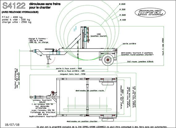 S 41-22 - Remorque Porte-Touret SIPREL - Charge utile 3020 Kg - Ø 2600 à 4100 mm - Remorque de chantier_1