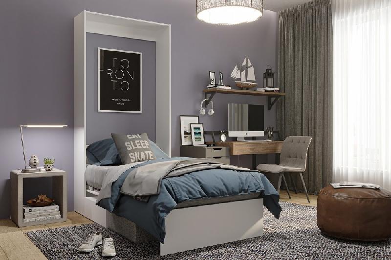 Armoire lit escamotable Dynamo Sofa - canapé intégré - blanc et tissu gris - couchage 90x200 cm_1