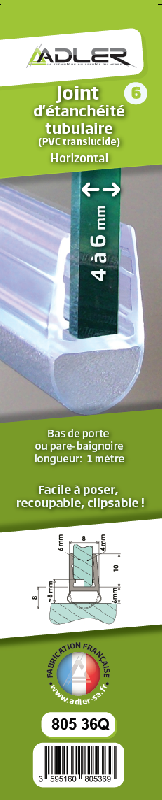 Joint d'étanchéité tubulaire - 100 cm - pour bas de porte ou pare-baignoire - pour verre de 4 et 6 mm d'épaisseur - Clipsable_1