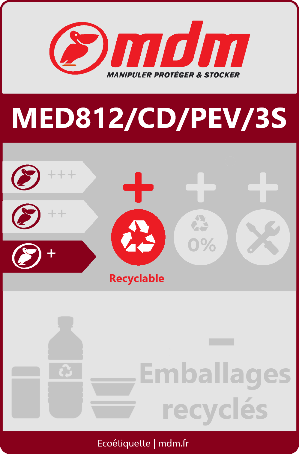 Palette plastique 800 x 1200 mm avec 3 semelles PE vierge - adaptée à toute utilisation industrielle et aux racks - MED812/CD/PEV/3S_1