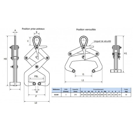 Pince de levage pour poteaux béton - CMU 3T - Référence G2160 - Ouverture jusqu'à 270mm_1