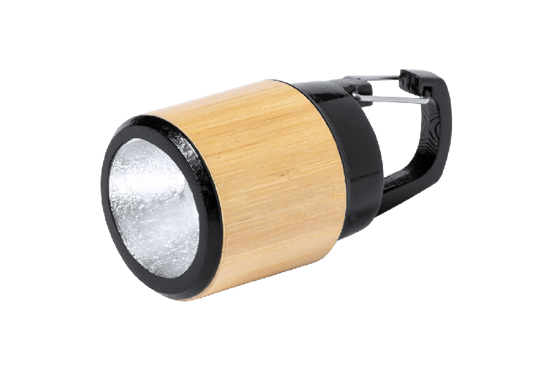 Lampe de poche en bambou - plastique ABS - LED COB avec mousqueton - piles bouton incluses_1