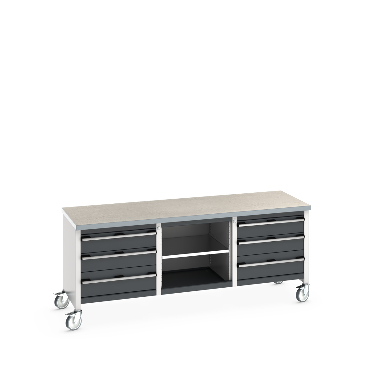 Établi monobloc mobile Cubio KW 2078-3.5 avec plateau lino - 6 tiroirs et 1 tablette - 2000x750x840mm_0
