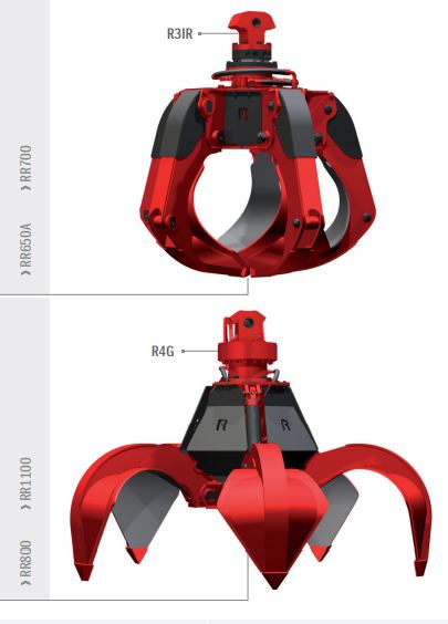 Grappins pour pelles et chargeurs RR360 à RR1100 Rozzi - série RP et RV, avec carters et protections, rotation disponible_1
