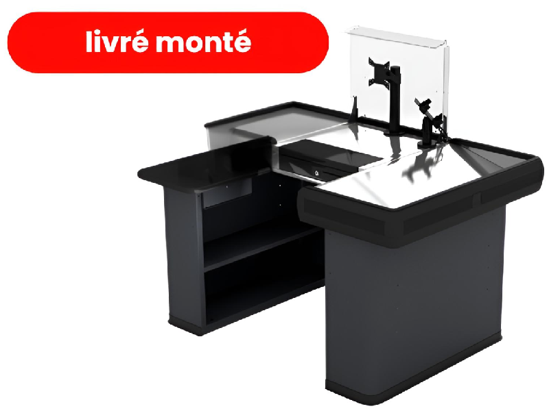 Meuble de caisse compact 1500 mm - Tiroir caisse, support Pin-Pad, plateau bois - Gris RAL 7016_1