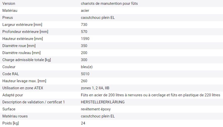 Chariot manuel pour fûts FKRS2 - acier peint bleu RAL 5010 - 2 roues d'appui - version antistatique_1