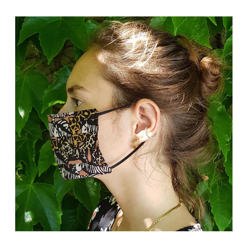 Masque lavable en coton imprimé safari - doublé coton beige - Made in France - 9x18 cm_1