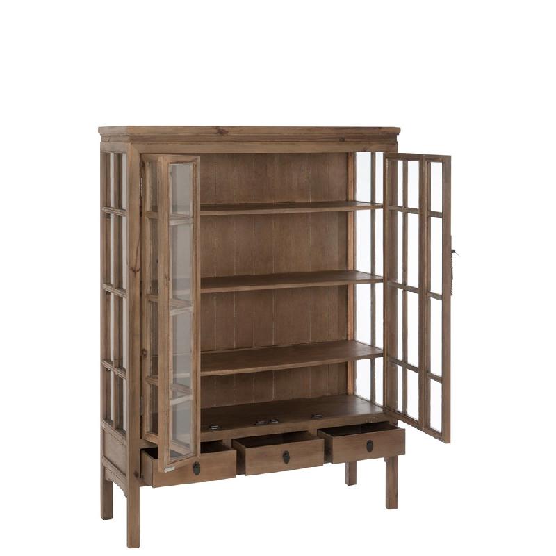 Buffet vaisselier Dara - 2 portes vitrées, 3 tiroirs, bois massif naturel et verre trempé_1