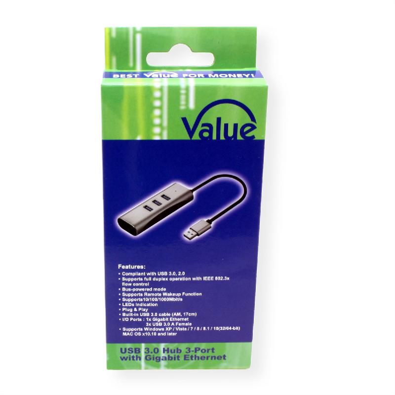 VALUE Convertisseur USB 3.2 Gen 1 - Gigabit Ethernet +Hub 3x_1