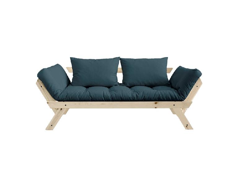 Banquette méridienne convertible futon BEBOP - Pin naturel - Coloris bleu pétrole - Couchage 75x200 cm_1