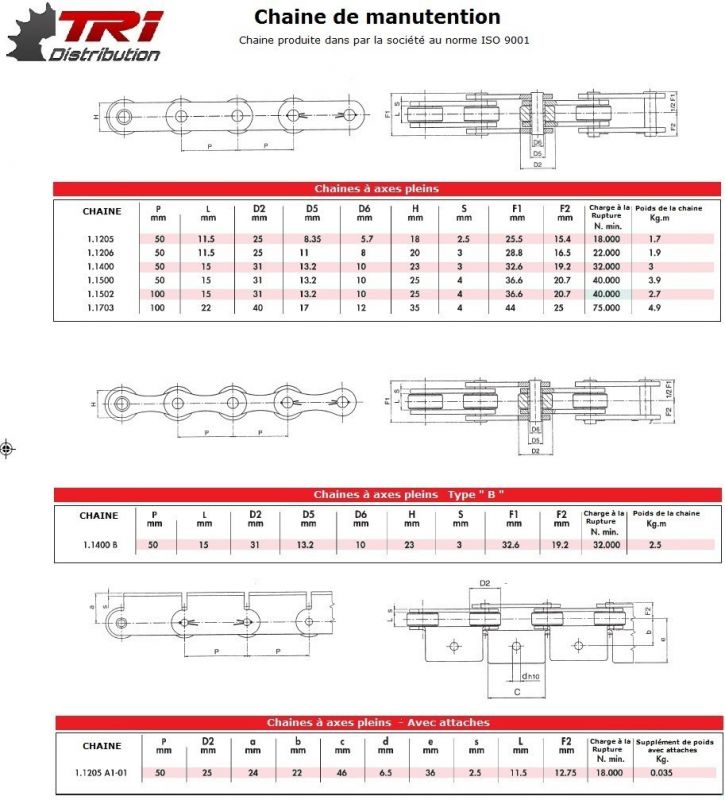 Chaîne de manutention à axe creux, conditionnée en rouleaux de 5 mètres - Pas 50 et 100 mm - TRI_1