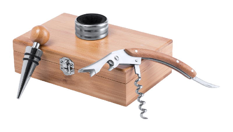 Set à vin - tire-bouchon, bouchon et stop-gouttes - boîte en bambou_1