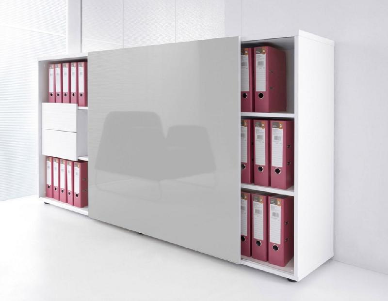Armoire de bureau avec porte coulissante brillante - MDD - Blanc pastel, Gris brillant_1