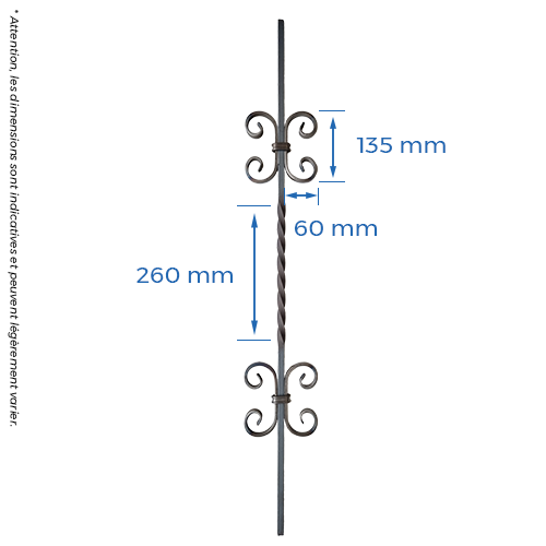 Barreau carré 12mm avec double volutes et torsade H.950 x L.140 mm_1