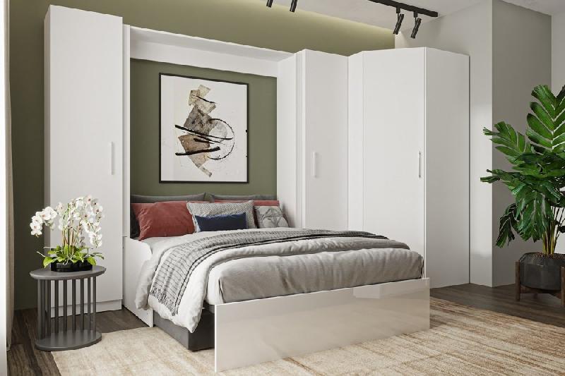 Composition angle lit escamotable Dynamo Sofa - Canapé noir 140x200 cm avec accoudoirs mélaminés blancs - L355xP100 cm_1