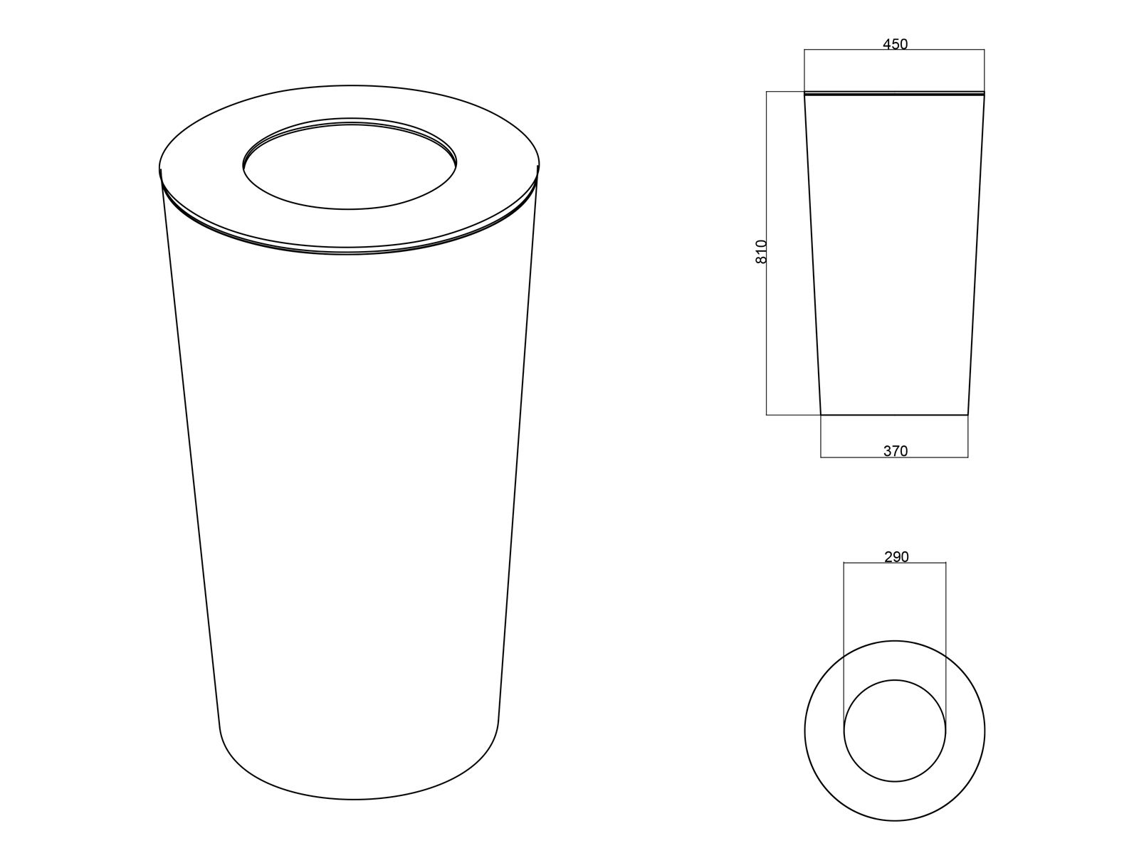 Corbeille LIGHT CONIC - poubelle publique - The Italian Lab - Diam. base 370, diam. top 450, H 810 mm - capacité 80 L - poids 32,3 kg_1