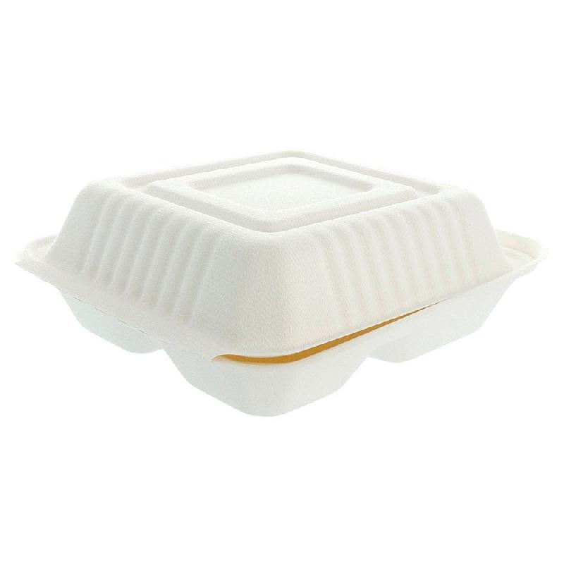 Boîte bagasse blanche 3 comp à couvercle attenant 20x20x7,5cm - par 200_1
