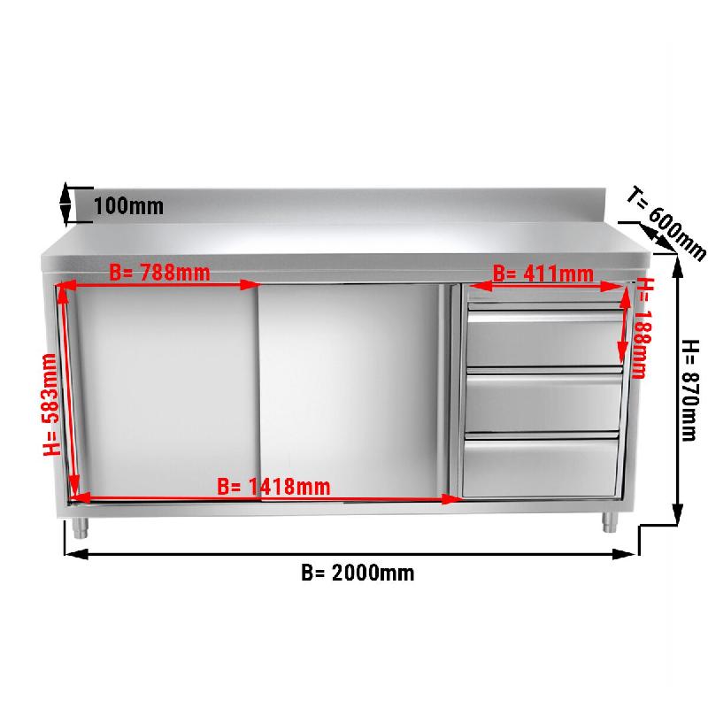 Meuble bas inox adossé P 600 mm avec portes et tiroirs - 2000, A droite_1