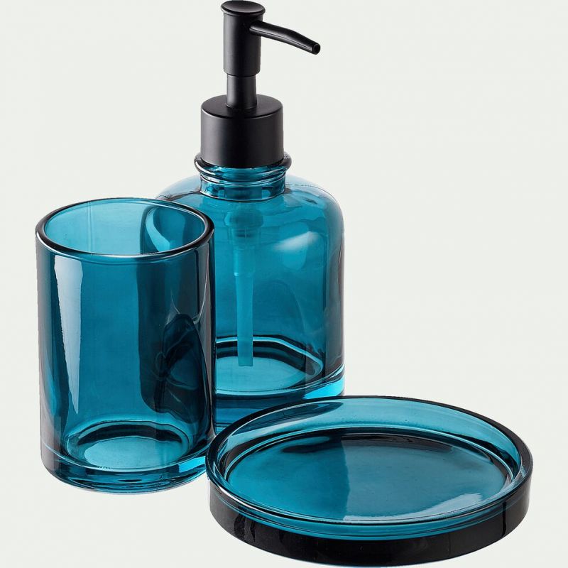 Osco - distributeur de savon en verre bleu H17cm - Alinea - style vintage_1