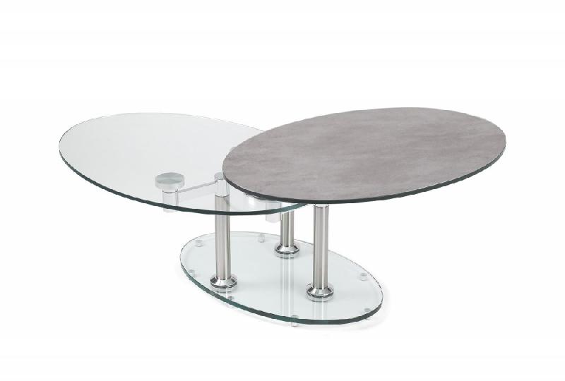 Table basse double céramique ciment - gris - plateaux pivotants en verre trempé et pieds en acier brossé_1