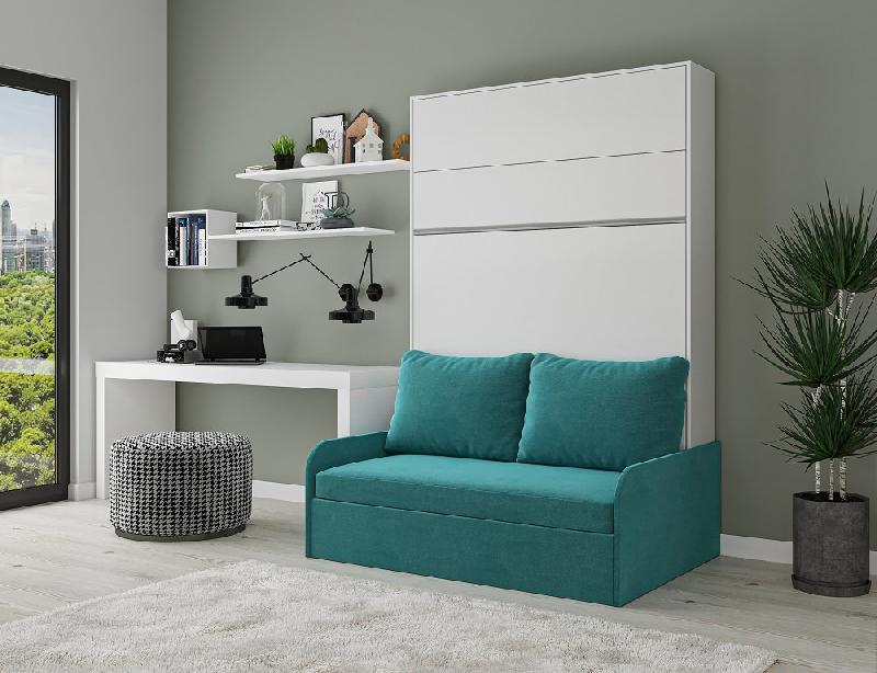 Armoire lit escamotable Bermudes Sofa blanc avec canapé bleu intégré - Couchage 140x200 cm_1