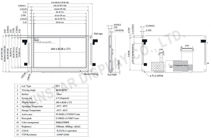 Écran intelligent RS485 Modbus 4.3 pouces - Winstar - TFT tactile capacitif 480×272 points_1