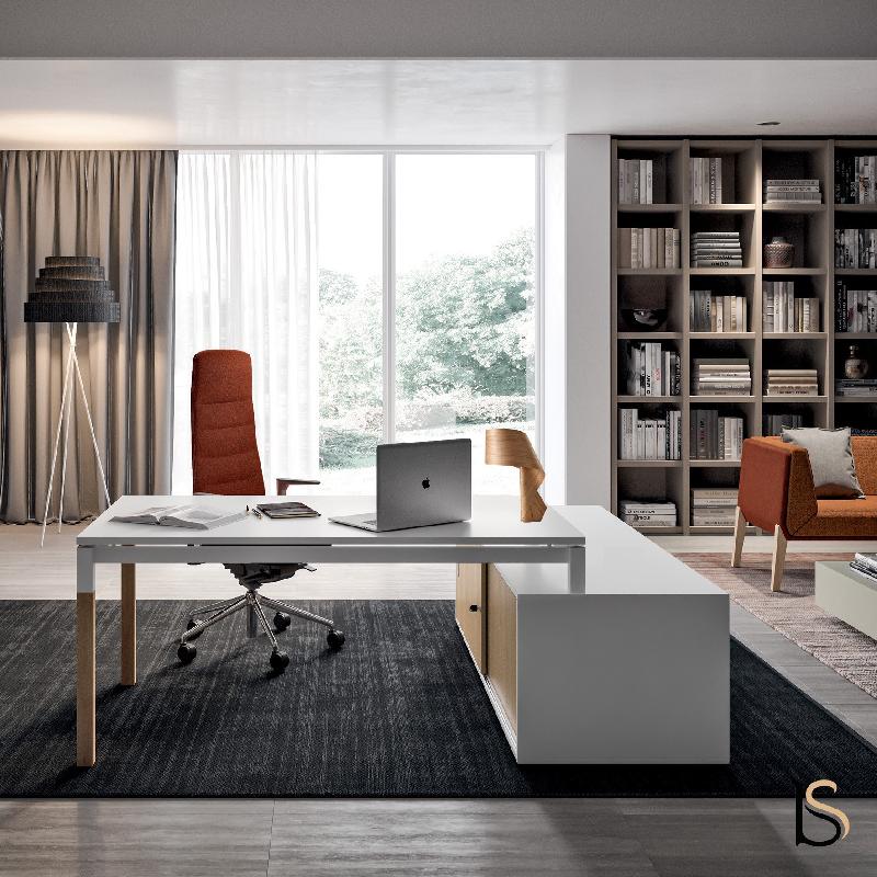 Bureau de manager X4 avec crédence - Quadrifoglio - 224, Blanc, Blanc, Avec caisson_1