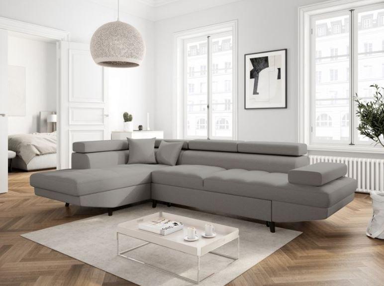 Canapé d'angle méridienne gauche RINO convertible gris clair avec coffre et pieds laqués noirs_1