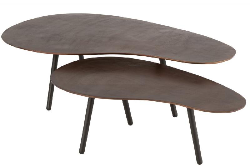 Table de salon MISTE en aluminium marron - plateau goutte et pieds en bois massif_1