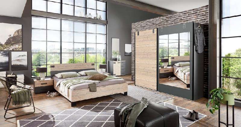 Lit style industriel Vernon 140 x 200 cm - Pin argenté vieilli et graphite - Design contemporain_1