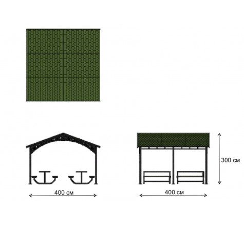 Préau couvert avec tables de pique-nique - Structure galvanisée à chaud - Dimensions 400 x 400 x h 300 cm - Toit en shingles ou tuiles bitumineuses_1