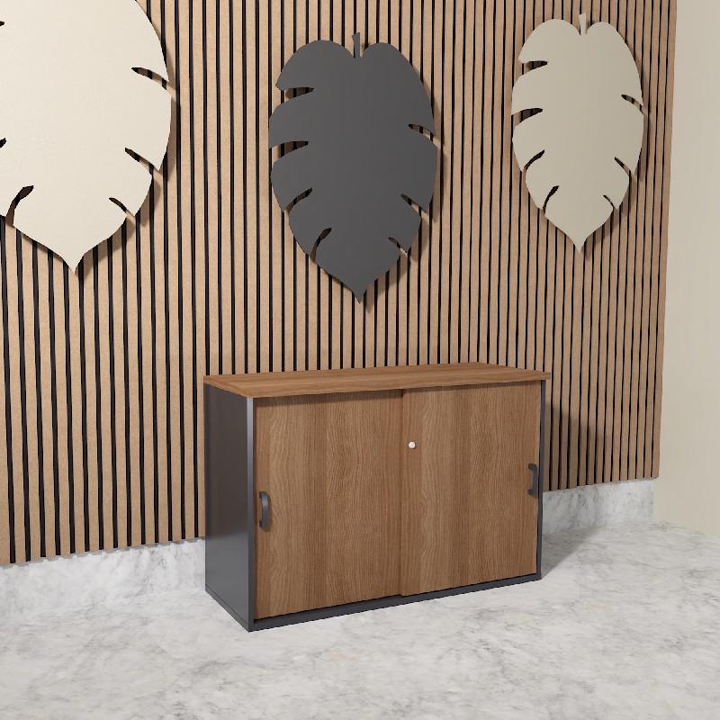 Armoire basse à portes coulissantes Mobel Linea. - 100, Gris anthracite, Acacia foncé_1