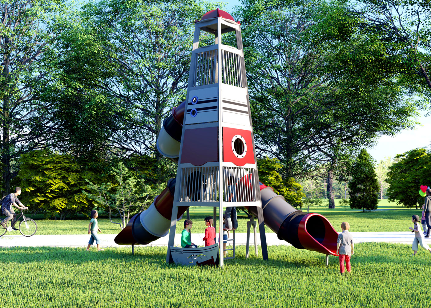 Big-tower Le Phare Marin - JTEM02 - Structure pour aire de jeux avec trois étages et toboggans en spirale_1