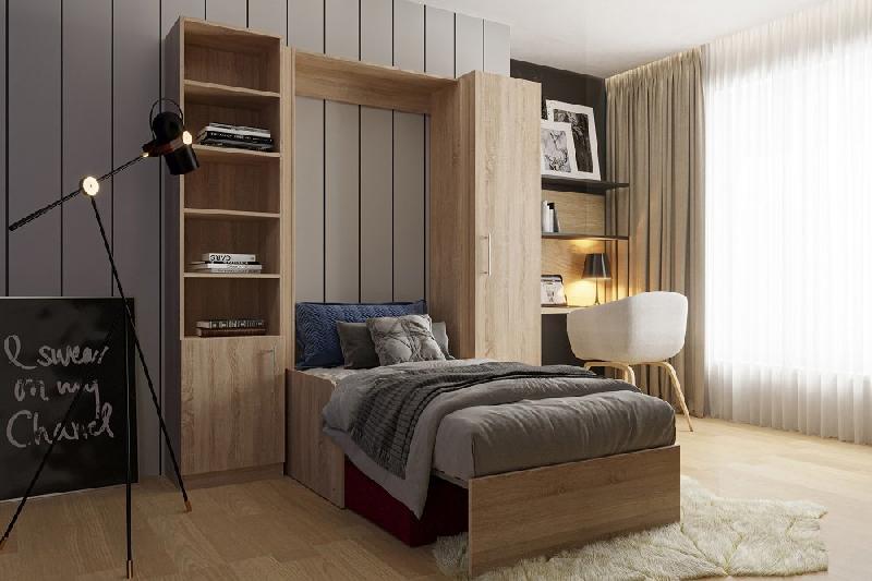 Composition lit escamotable DYNAMO SOFA - accoudoirs chêne - tissu rouge - couchage 90x200 cm - L205 cm_1